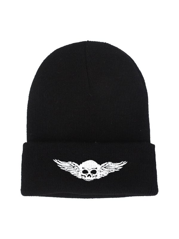 Skull Embroidered Knitted Black Cuffed Beanie
