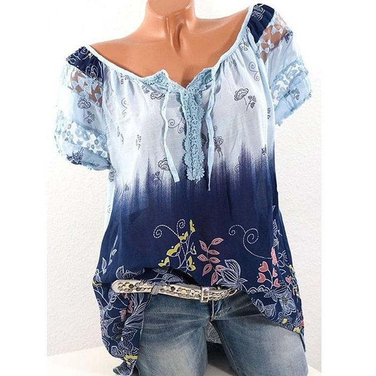 V-neck Printed Lace Short-sleeved T-shirt-Mayoulove