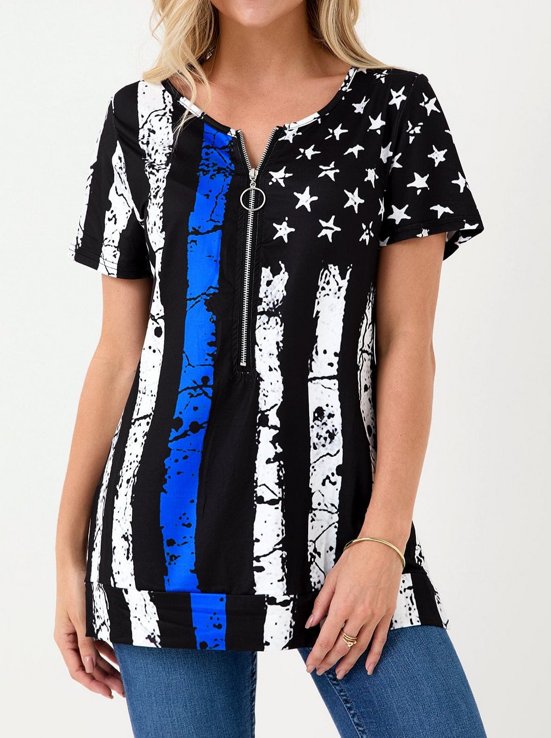 Black American Flag Print Quarter Zip T Shirt