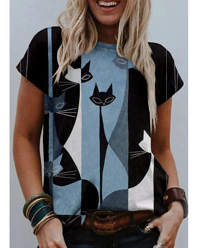 Women's T shirt Cat Graphic Print Round Neck Tops Basic Basic Top Blue-Corachic