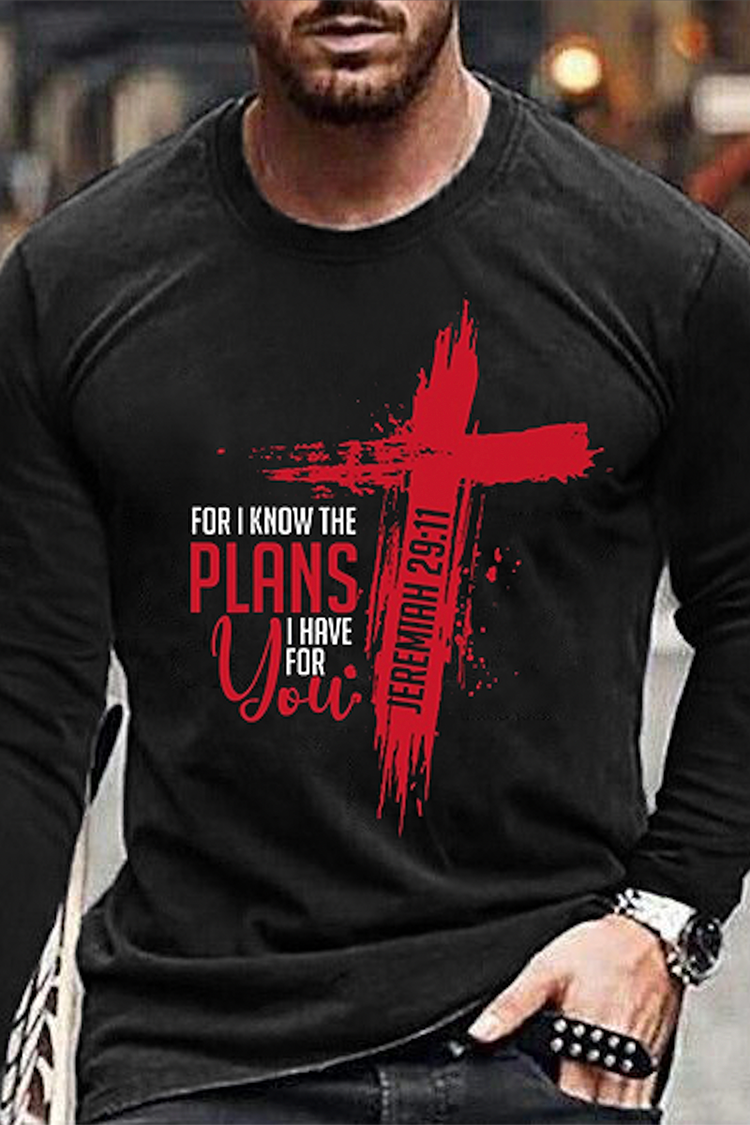 Tiboyz Men's Personalized Jesus Cross Print Long Sleeve T-Shirt