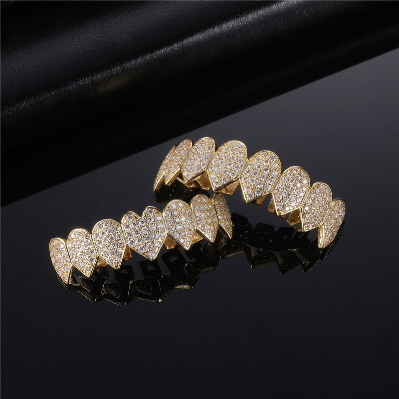 Hip Hop Gold Plated Teeth Grillz Caps Bling Iced Out Set Halloween Jewelry-VESSFUL