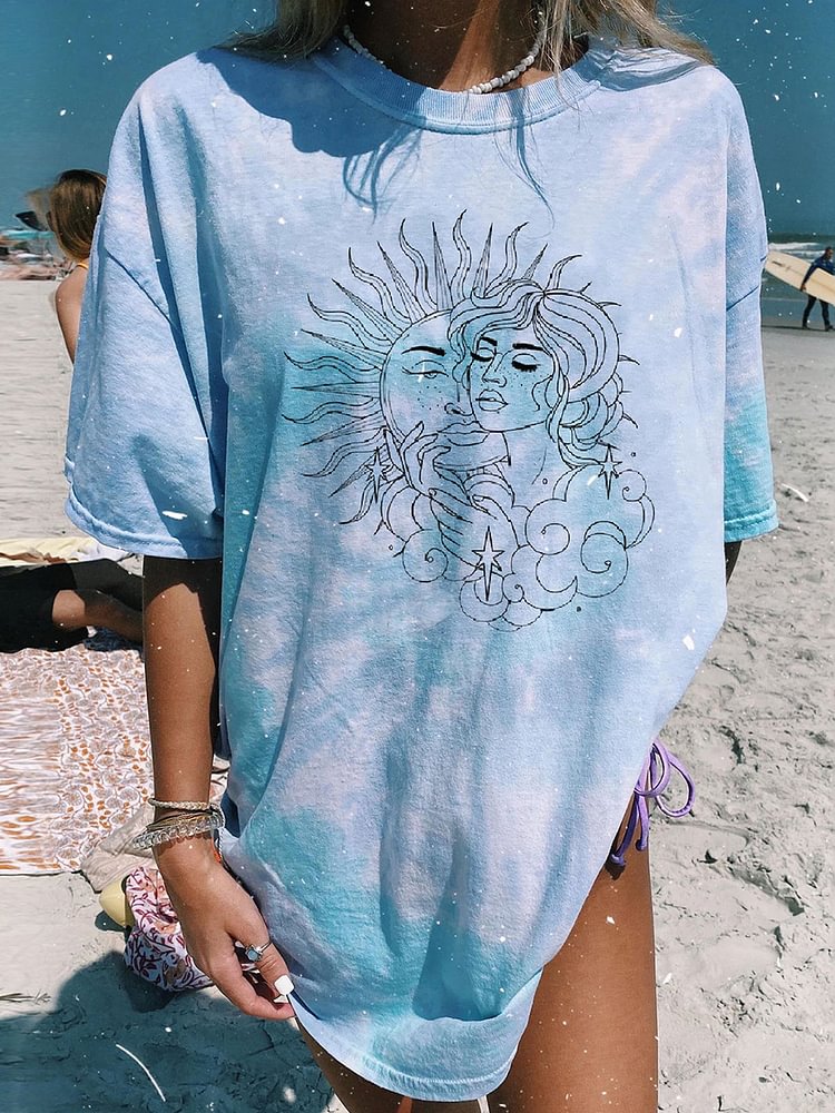 Women Unique Sun Moon  Printed Comfy Tee