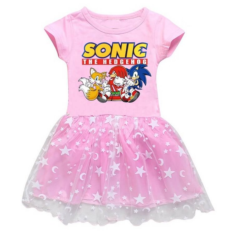 Pink Purple Sonic The Hedgehog Print Girls Moon Star Tulle Dress-Mayoulove