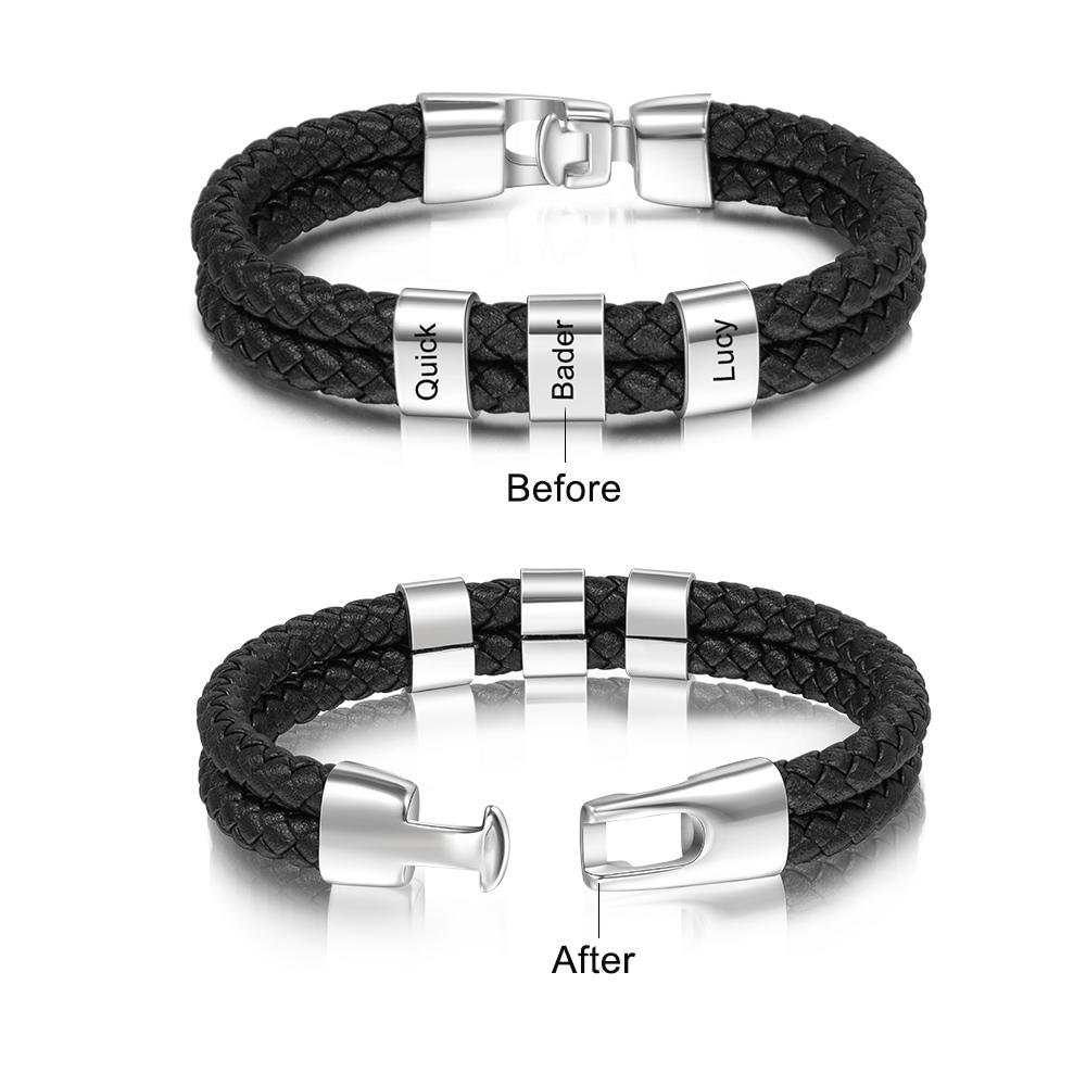 Men Leather Bracelet Best Father's Gift Engraved Beads Custom Two