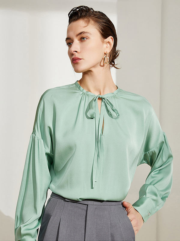 Green Solid Ribbon Elegant Silk Blouse