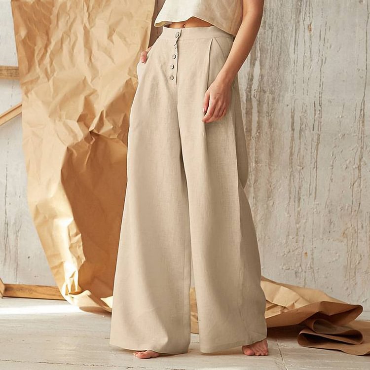 Women's solid color high waist casual button cotton linen wide leg pants