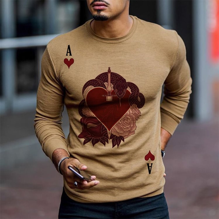 BrosWear Early Fall Red Heart Ace Poker Printed Knit Sweatshirt Long Sleeve Slim T-shirt