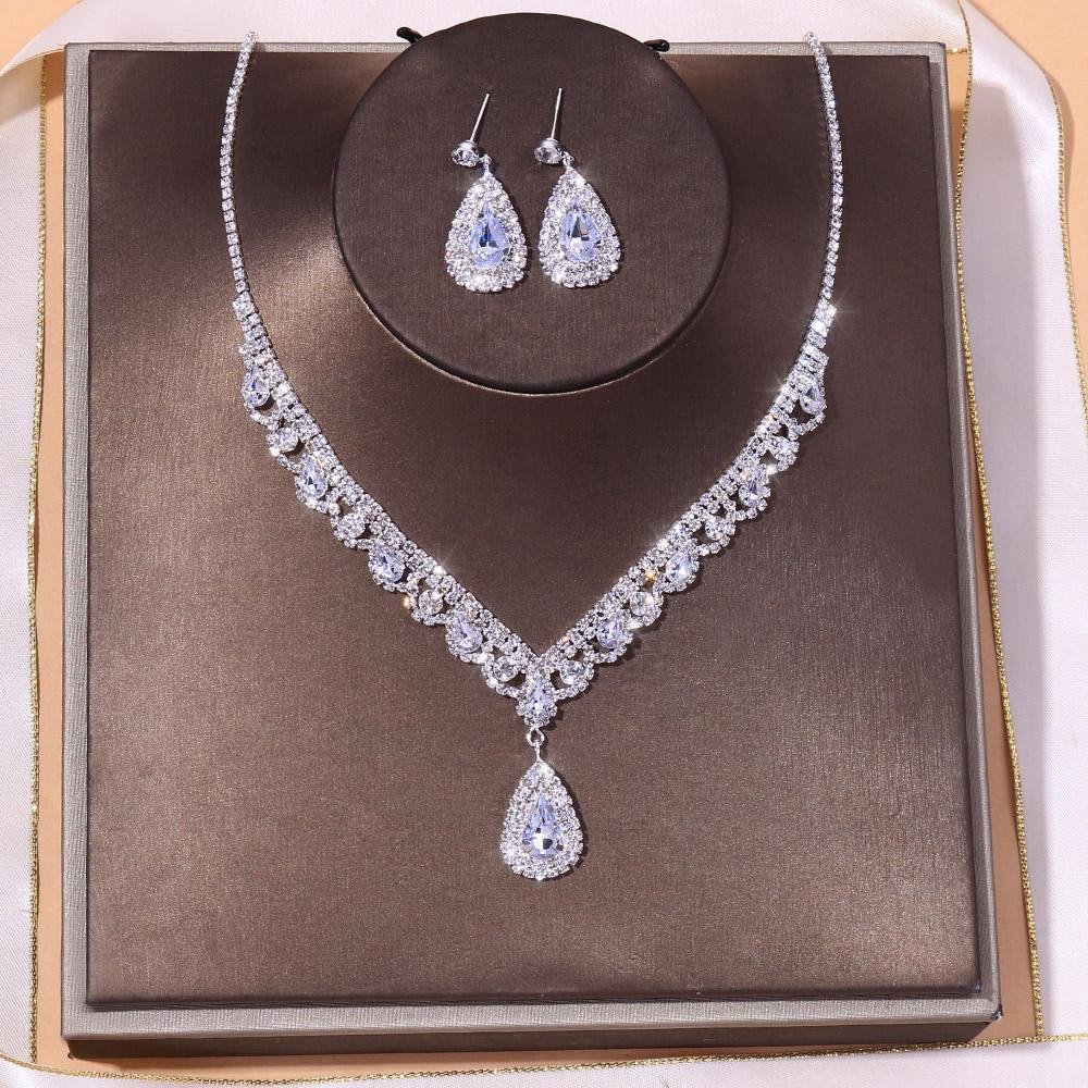Crystal Charm Water Drop Necklace Earrings Set-VESSFUL