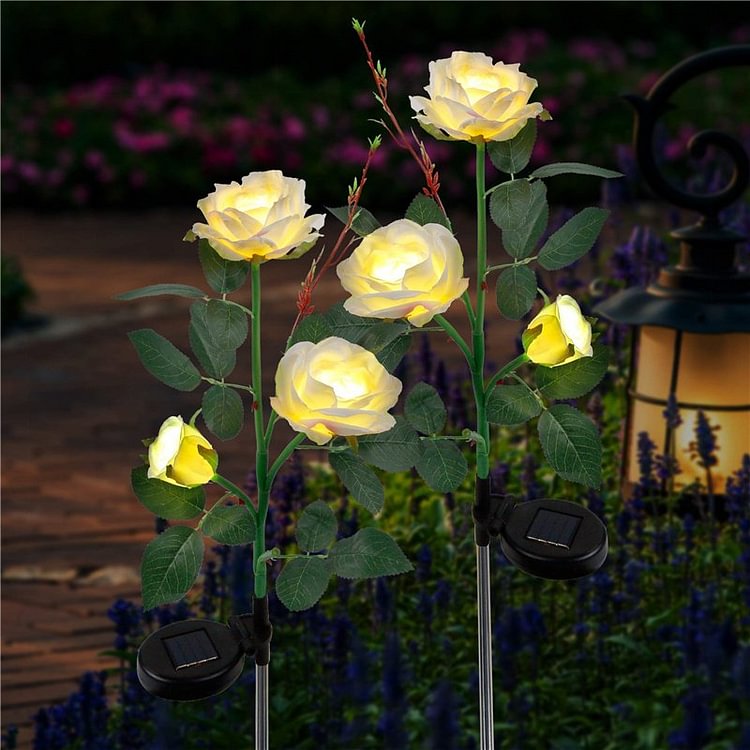 2 Pack Solar Garden Stake Lights, Outdoor Solar Rose Flower Lights with 6 Rose Flowers, Yard Decoration (White) - Sean - Codlins