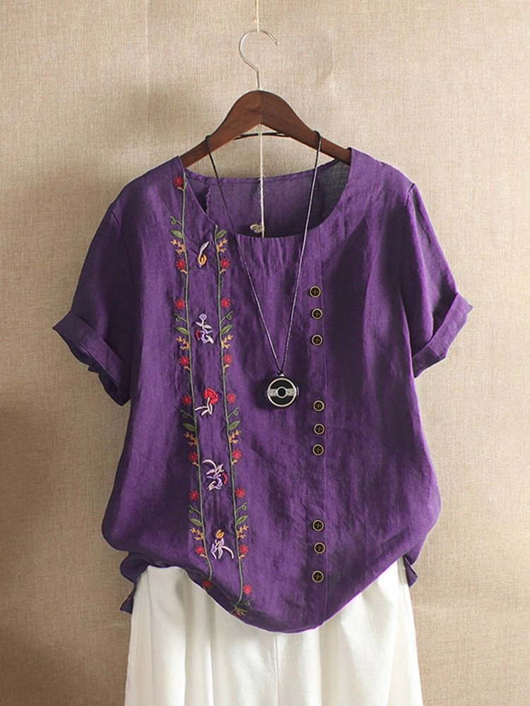 Violet Cotton-Blend Vintage Floral Shirts & Tops-Corachic