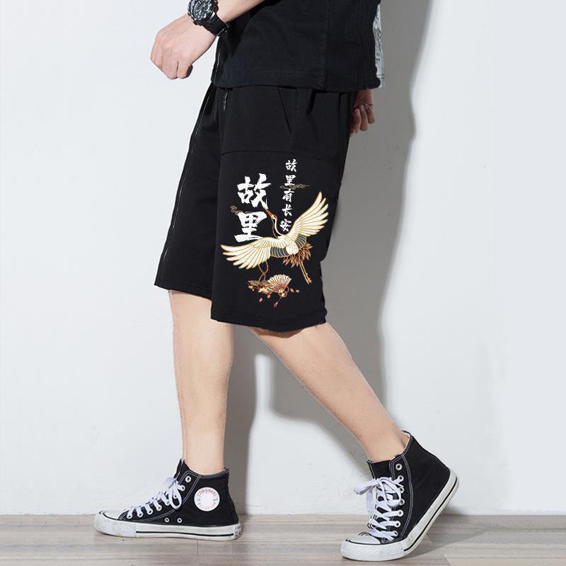 Chinese style crane shorts loose summer national tide retro tide brand men's five-point pants