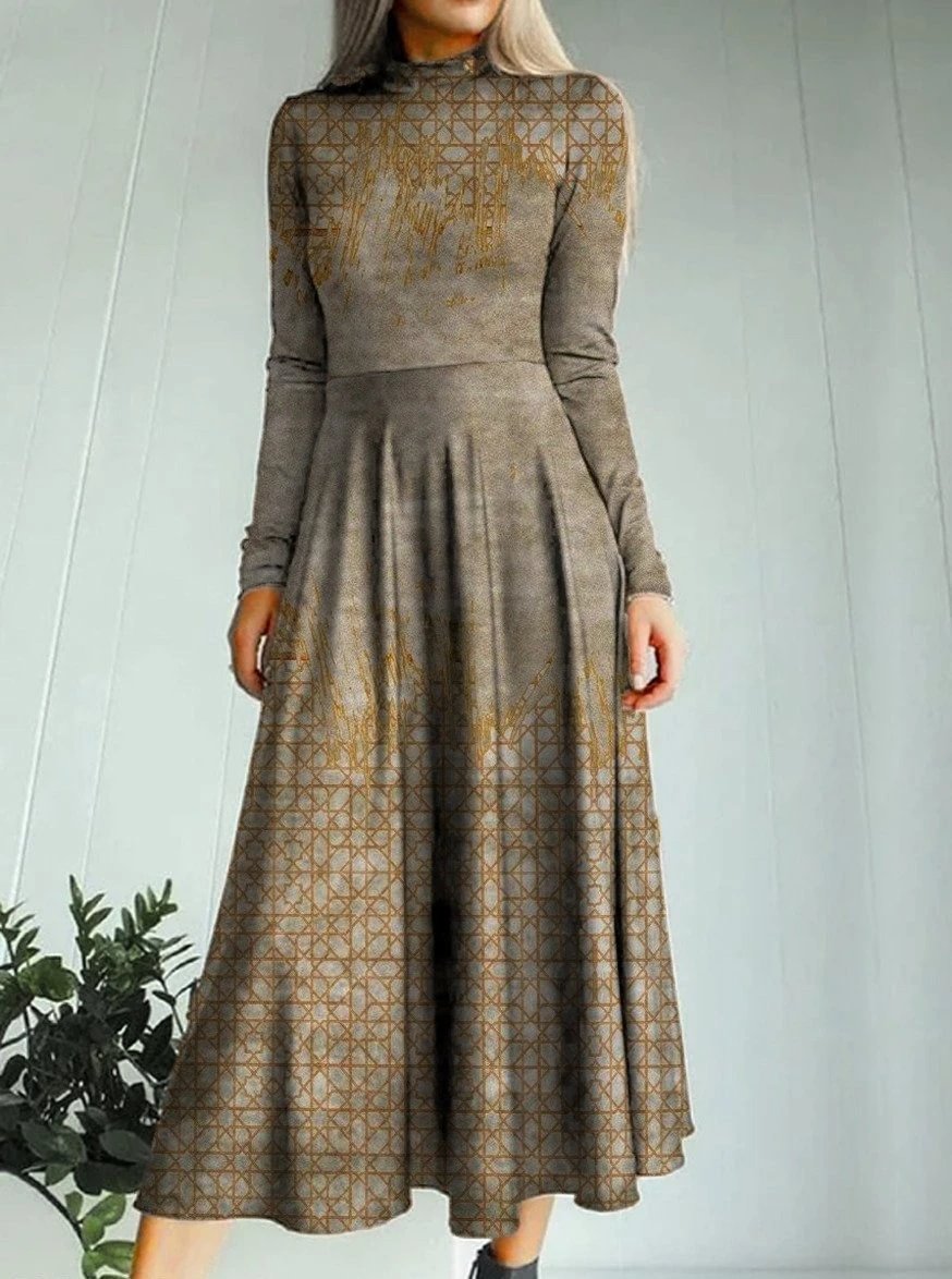 Fashion Check And Art Print Turtleneck Maxi Dress Women-Corachic