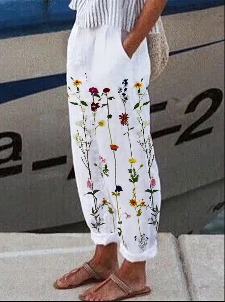 Linen Floral Plus Size Women Casual Pants