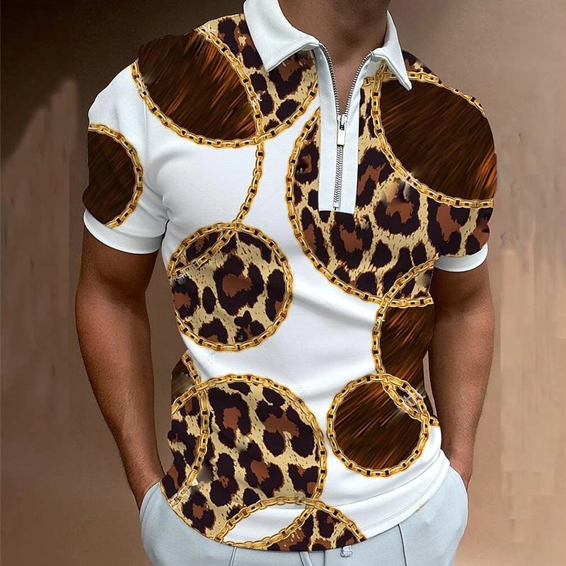 Leopard Print Casual Short Sleeve Tops Zipper Men's Polo Shirts-VESSFUL