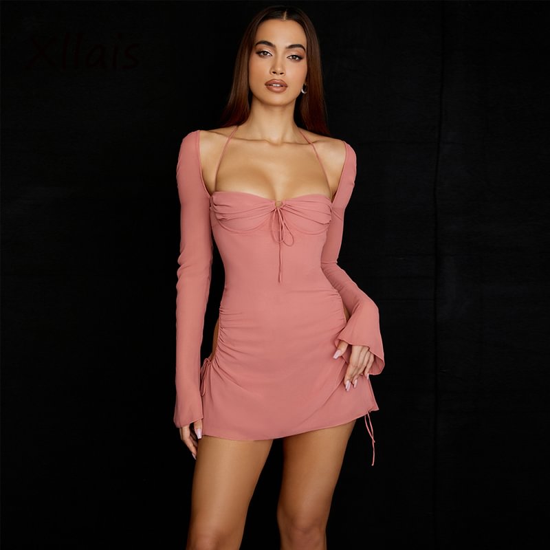 XLLAIS Wholesale Items Women Flare Long Sleeve Pink Dress Fashion Square Collar Bandage Robes Sexy Cut Out Party Club Vestidos
