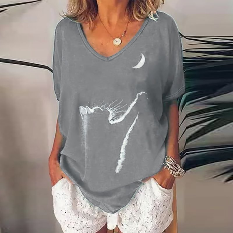 Cat And Moon Print V-neck Loose T-shirt