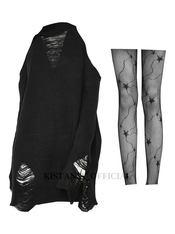 Strapless Punk Goth Destroyed Pullover Sweater + Diamond Pattern Hollow Fishnet Tights 2 Pieces Sets