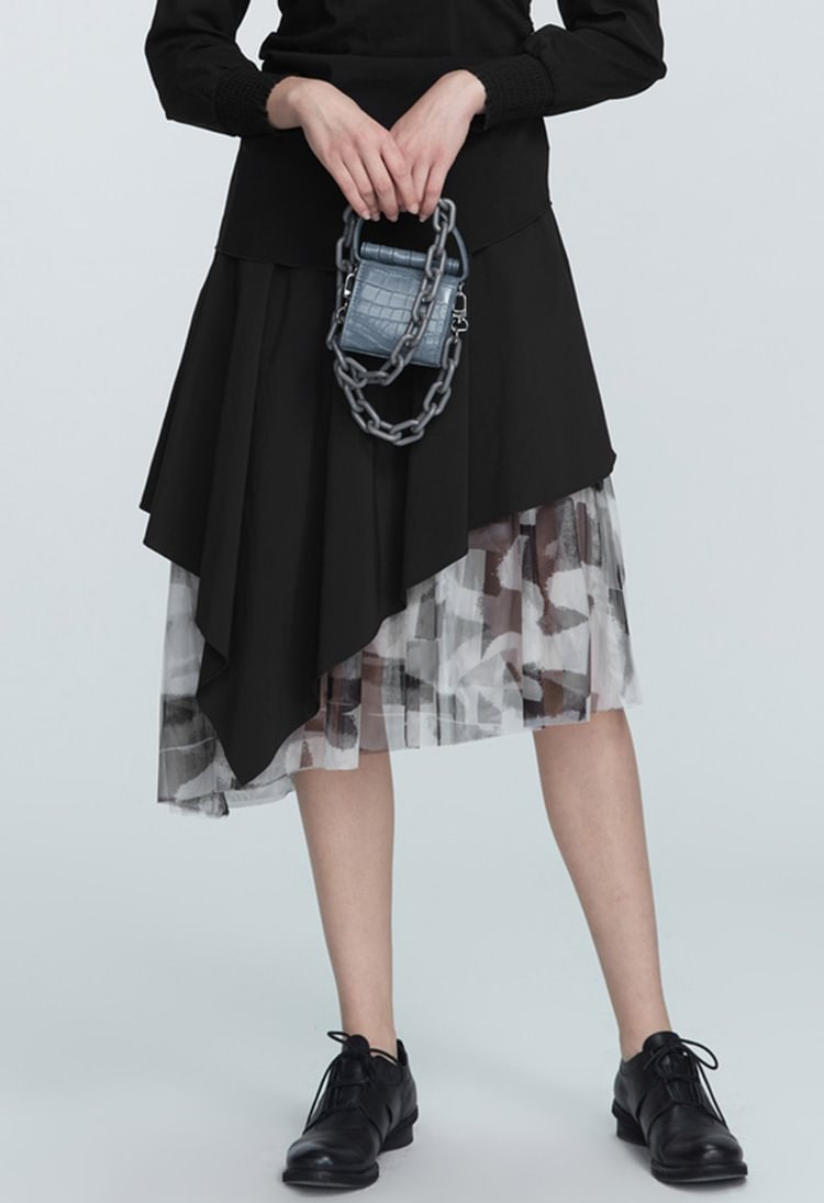 Casual stitching contrast printed mesh gauze waist long skirt