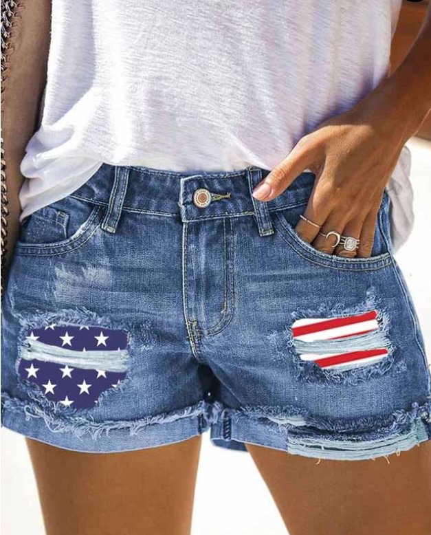 American Flag Star Striped Ripped Hole Denim Shorts - Blue 4th of july shorts