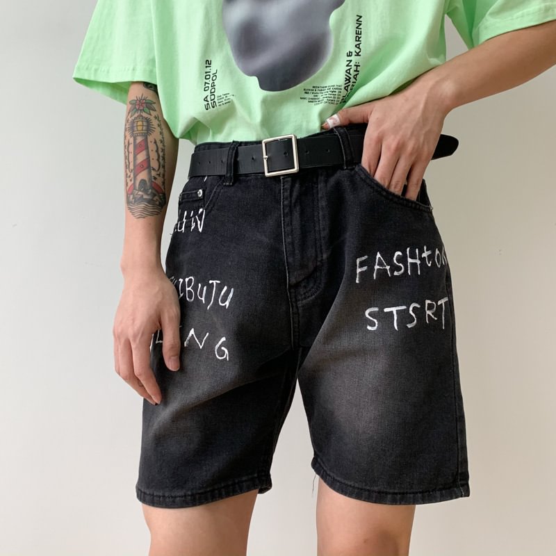 Men's Washed Letter Print Denim Shorts / Techwear Club / Techwear