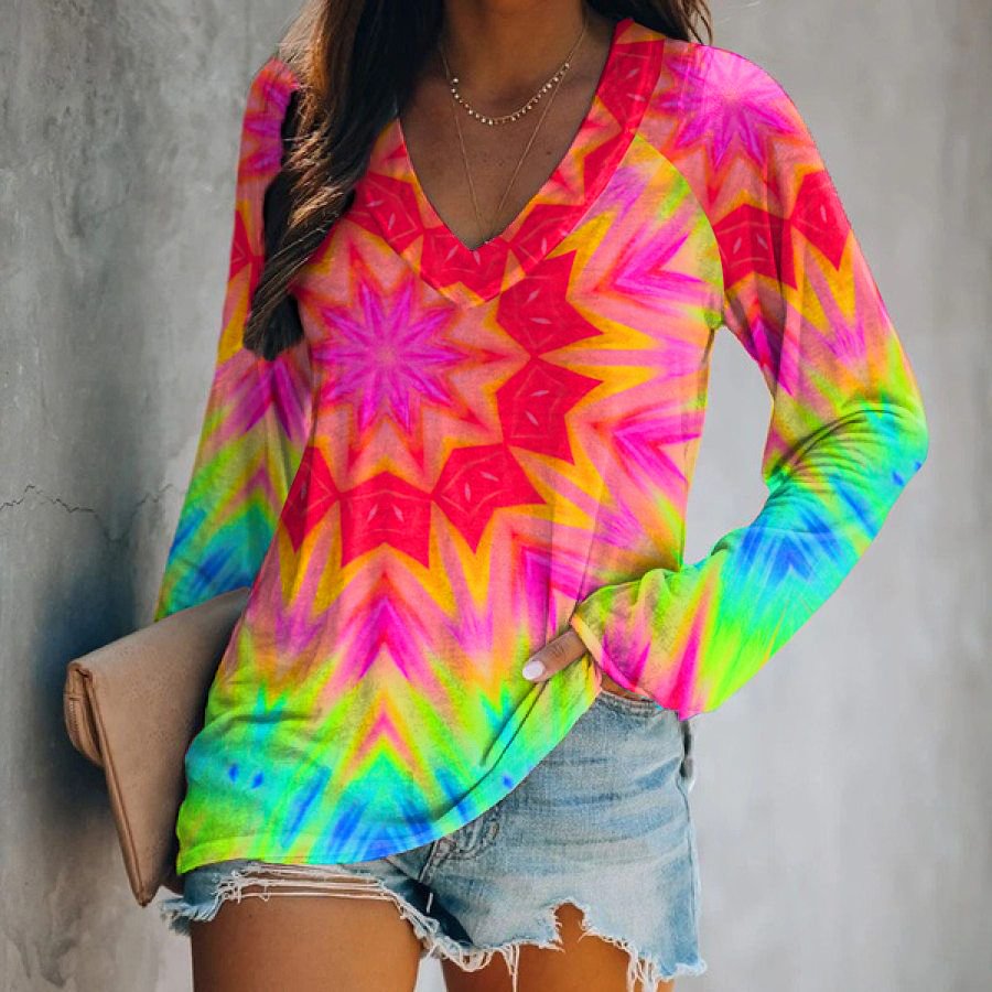 Colorful Graphic Tie-dye Printed Long Sleeve T-shirt