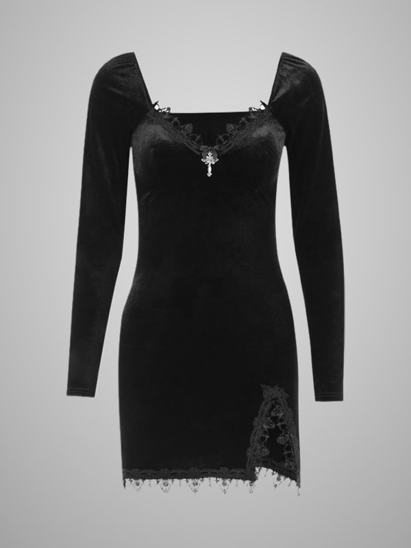 Dark Lace Paneled Velvet Long Sleeve Bodycon Dress
