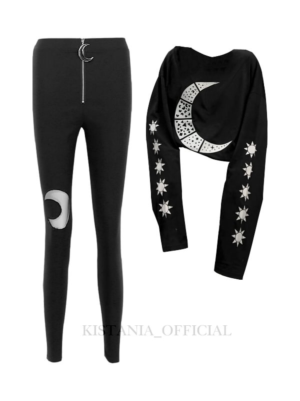 Gothic Moon 2 Pieces Sets: Oversized Moon Graphic Sweatshirt + High Waist Black Moon Pants