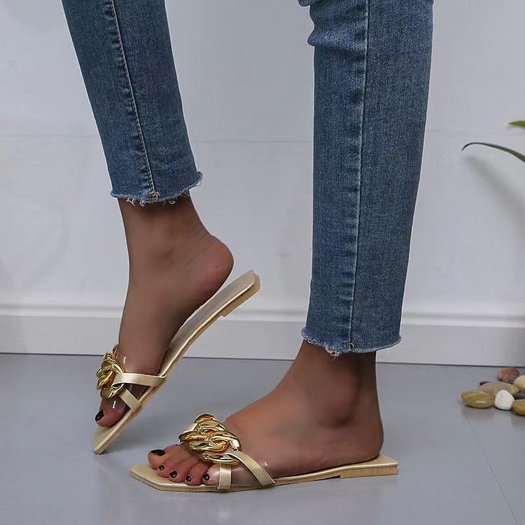 Women Shoes Flat Bottom Transparent Chain Sandals  Ladies Slippers Comfortable All-match Beach 