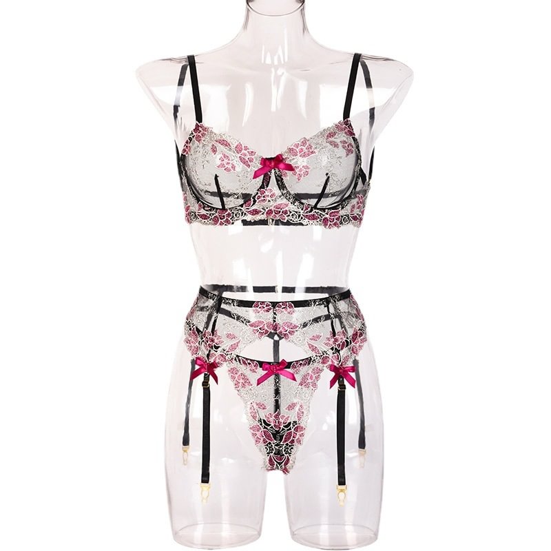 Bowknot Embroidery Floral Garter Lingerie Set-Icossi