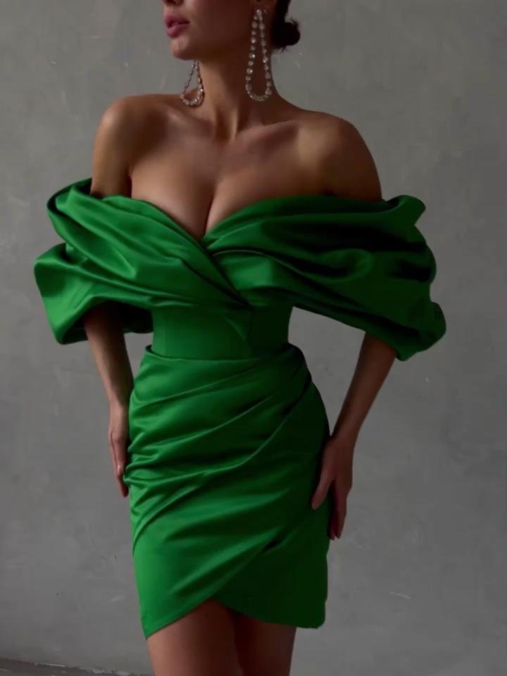Sexy low cut off shoulder high waist green ruched mini cocktail dress