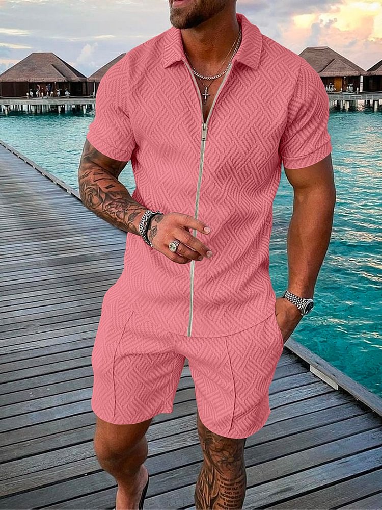 Men's Holiday Pink Short Sleeve Cardigan Suit