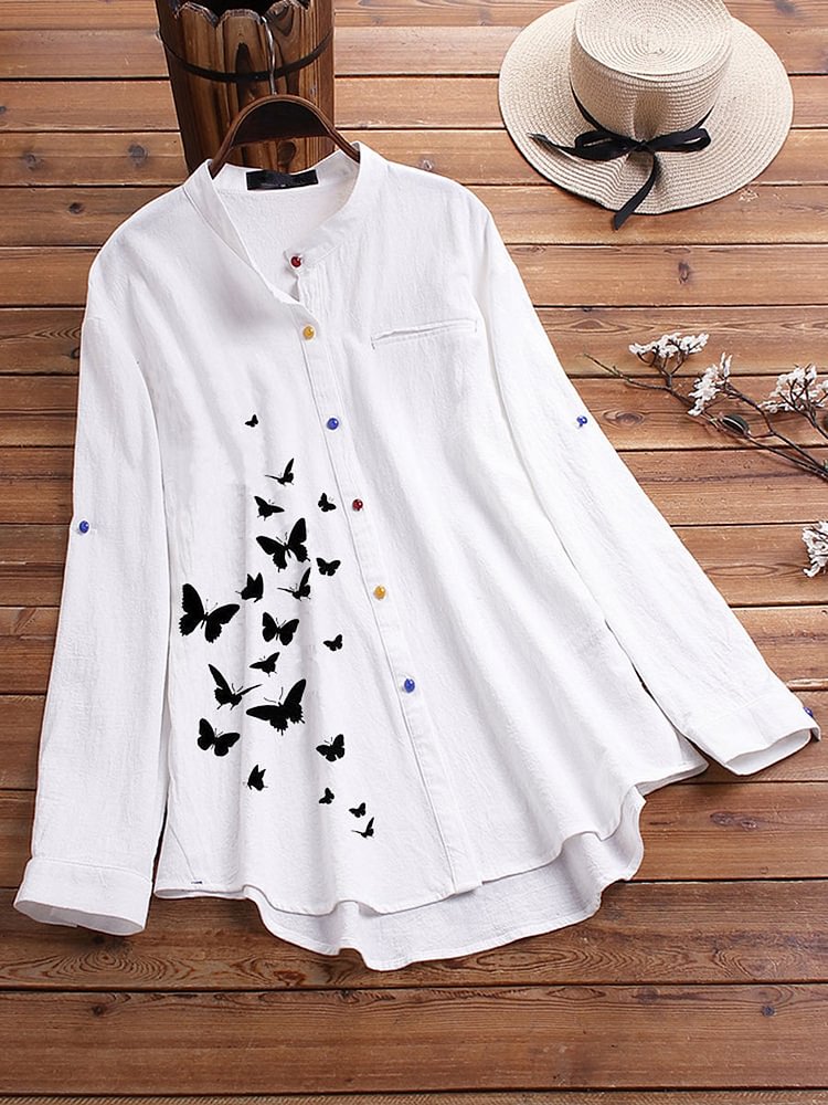 Women Linen Printed Butterfly Top Blouse Shirt