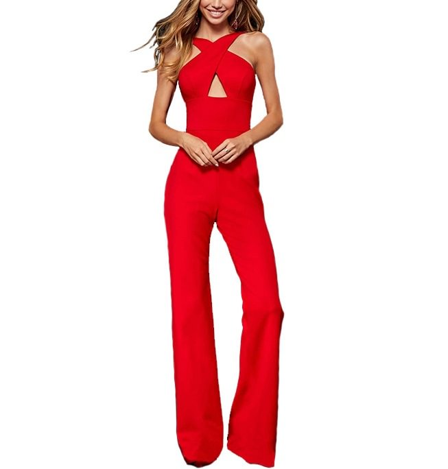 Women's Stretch Scuba Jumpsuit With Criss Cross Front Bodice And Open Back