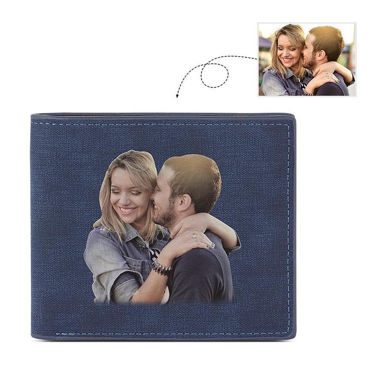 Men's Bifold Wallet Custom Photo Wallet with Engraving Blue Leather Gift For Dad