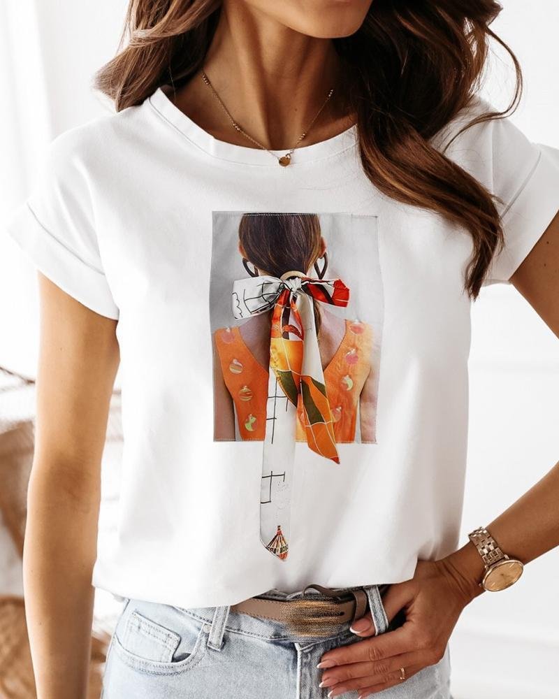 Figure Print Tied Detail Casual T-shirt P11781