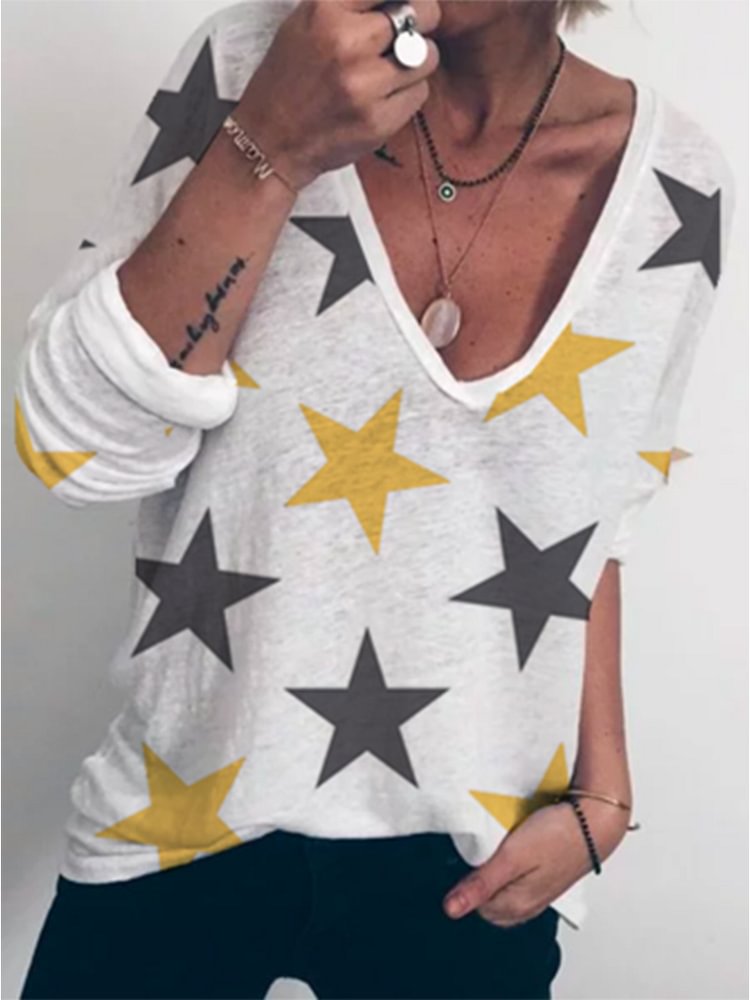 Women'S V-Neck Long Sleeve Star Print T-Shirt
