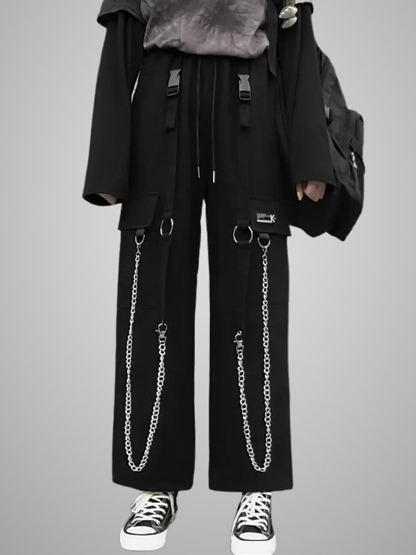 Gothic Dark Vintage Statement Pockets Decorated Chain-trimmed Loose Straight Pattern Industrial Pants