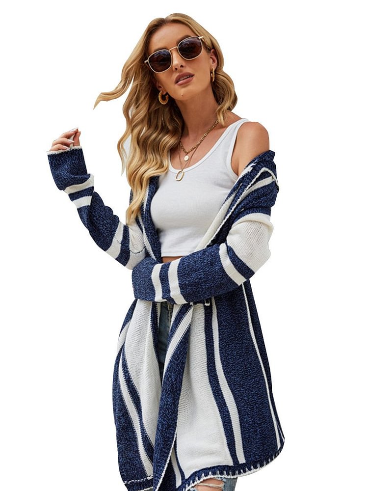 Mayoulove Women's Cardigans Striped Contrast Color Hooded Knit Irregular Long Sleeve Sweater Coats-Mayoulove