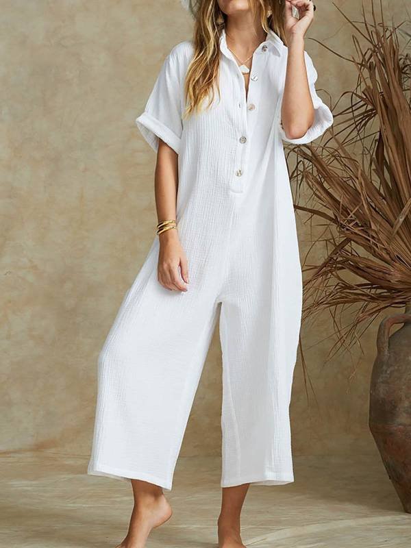 Women's  Short-sleeved button casual loose jumpsuit