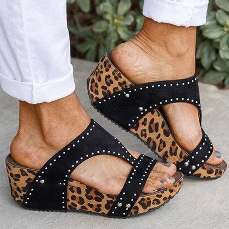 Women‘s Casual Fashion Cloth Rhinestone Animal Print Wedge Heel Sandals