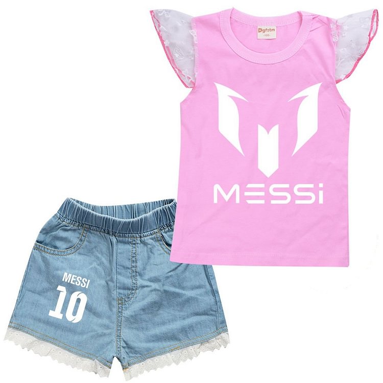 Girls Messi Print Cotton Ruffle Shoulder Tank Top Denim Shorts Sets-Mayoulove