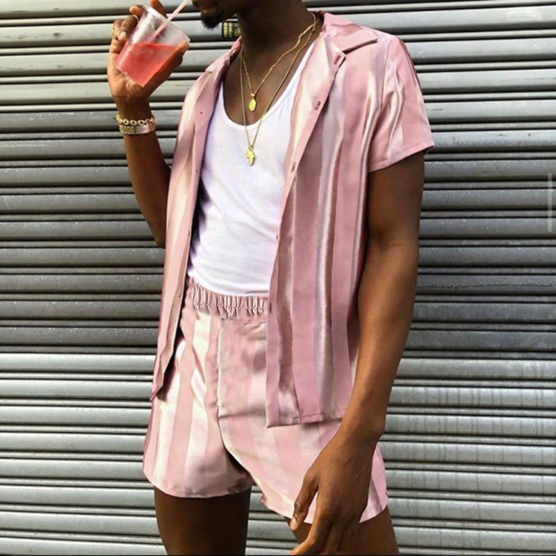 Striped Short Sleeve Elastic Waist Pink Hawaiian Suits Top With Pants Two Pieces Sets-VESSFUL