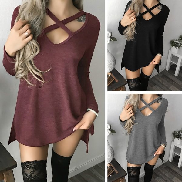 Women Spring Summer Fashion Long Sleeve Tops Black Casual Knitted Sweater Dresses Ladies Fashion Loose Mini Dress Pure Color Cotton Shirt Sexy Deep V-Neck Slim Fit Waist Bodycon Club Wear Knit Slit Party Robe Chic FemmeT-shirt
