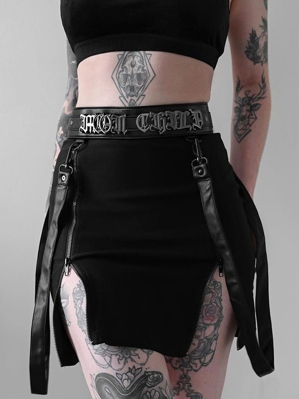 Solid Color Detachable Belt Decorated Split Zipper Bodycon Skirt
