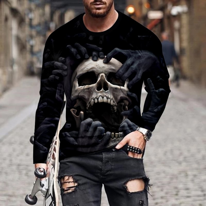 3D Retro Style Skull Printing Cotton Long Sleeve Men's Casual T-Shirts-VESSFUL