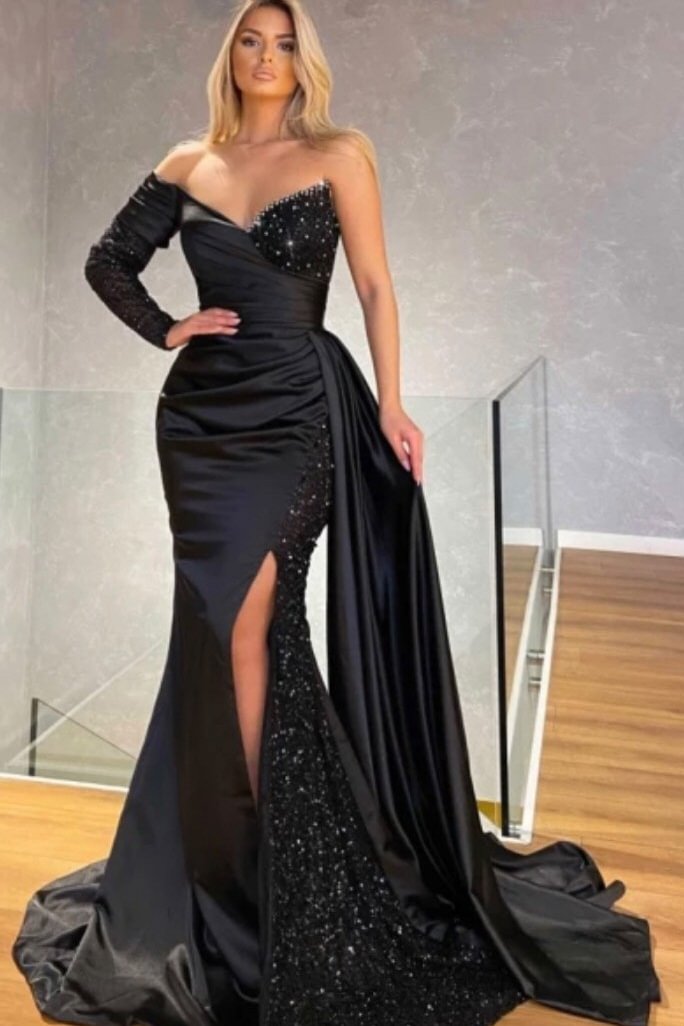 Luluslly Black Long Sleeves Mermaid Prom Dress Slit With Sequins Ruffles