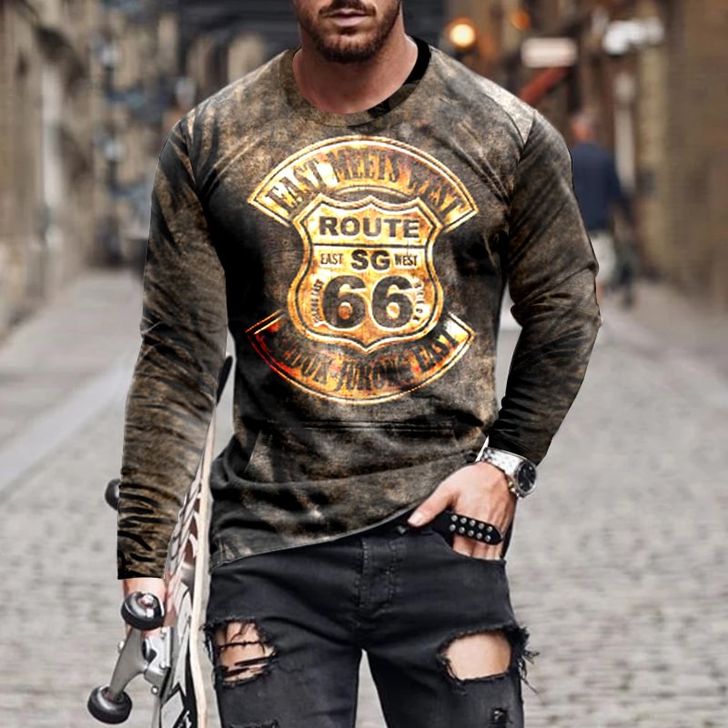 America Route 66 Letters Printed Long Sleeve Men's T-shirts-VESSFUL