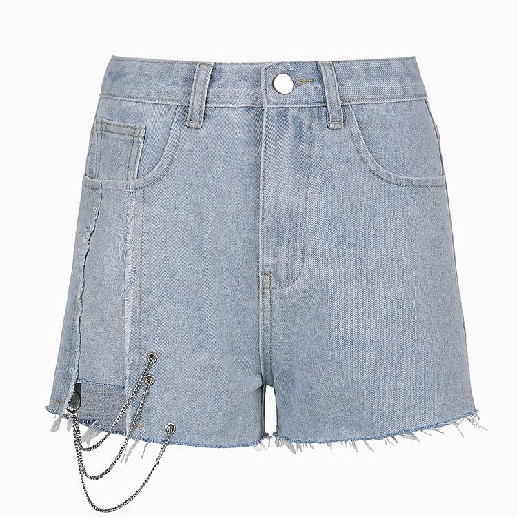 Patchy Cut Out Chain Detail Ripped Hem Mini Short - tree - Codlins