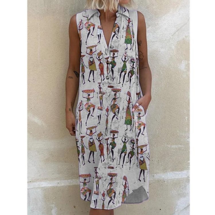 Lapel Printed Loose Sleeveless Dress-Mayoulove